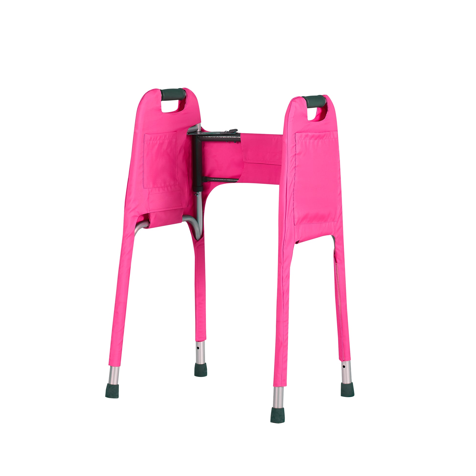 Vibrant pink walker cover for standard folding medical walker provides style and function. Cover is tailored to fit the walker,  has four pockets and secure fit with adjustable hook-and-loop closures. View of left inside pocket and closure shown.