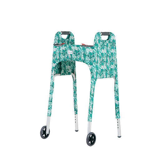 Front view of a green and white tropical foliage print walker cover on a standard folding walker highlighting a large outside pocket and the Jover logo label. The ultimate walker accessory.