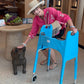 Woman in pink shirt and straw hat interacting with a small dog statue next to a standard walker clad in a sky blue Jover walker cover in an indoor setting.