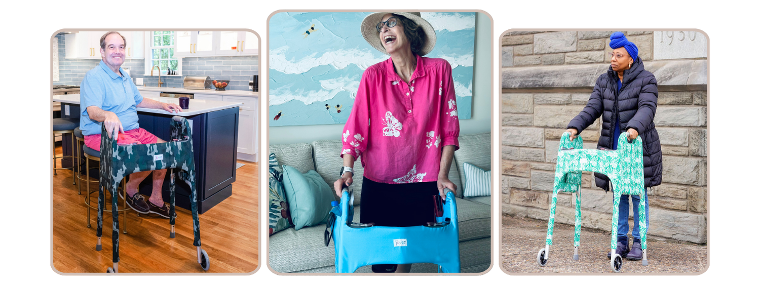 Three images showing people using a walker with a Jover walker cover on it in different settings.