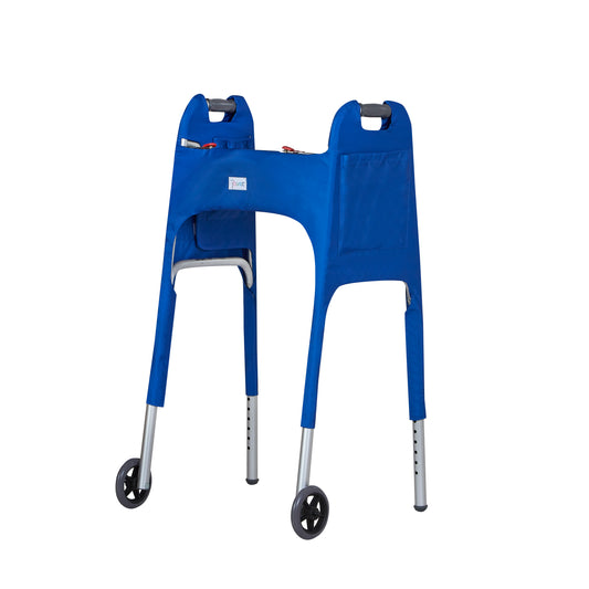 Deep Marine blue walker cover with pockets on a standard folding walker with wheels on a white background - left 3/4 view.
