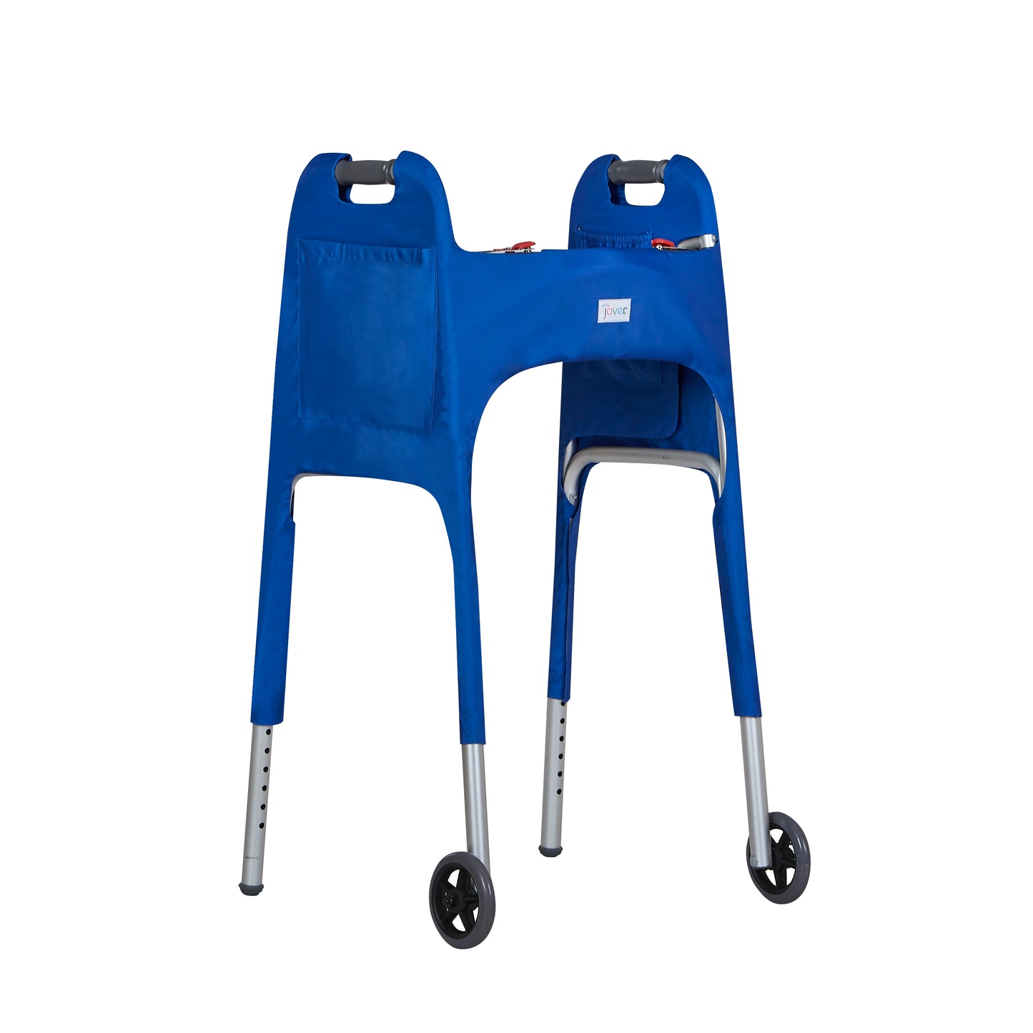 Deep Marine blue walker cover with pockets on a standard folding walker with wheels on a white background - right 3/4 view.