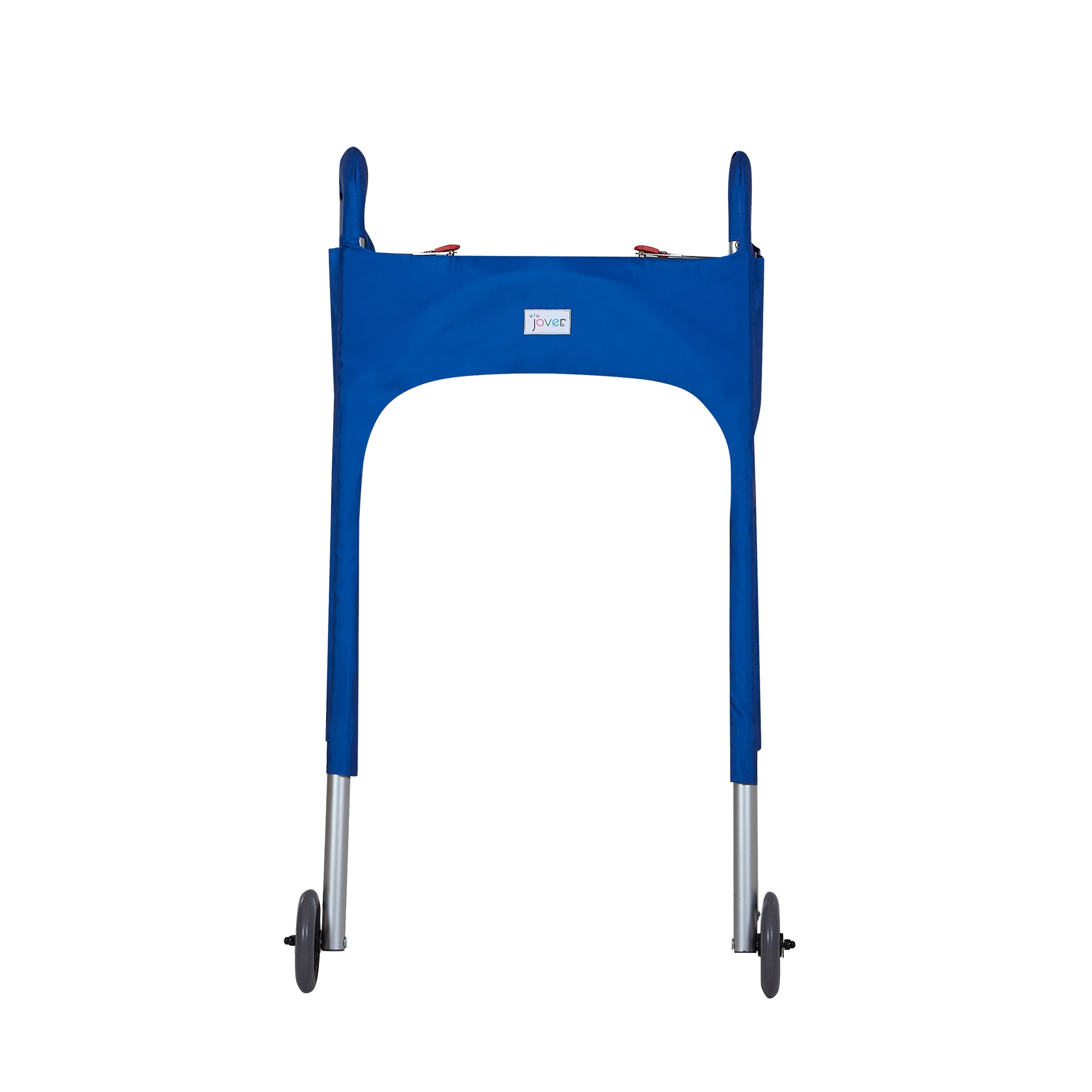 Deep Marine blue walker cover with pockets on a standard folding walker with wheels on a white background - front view.