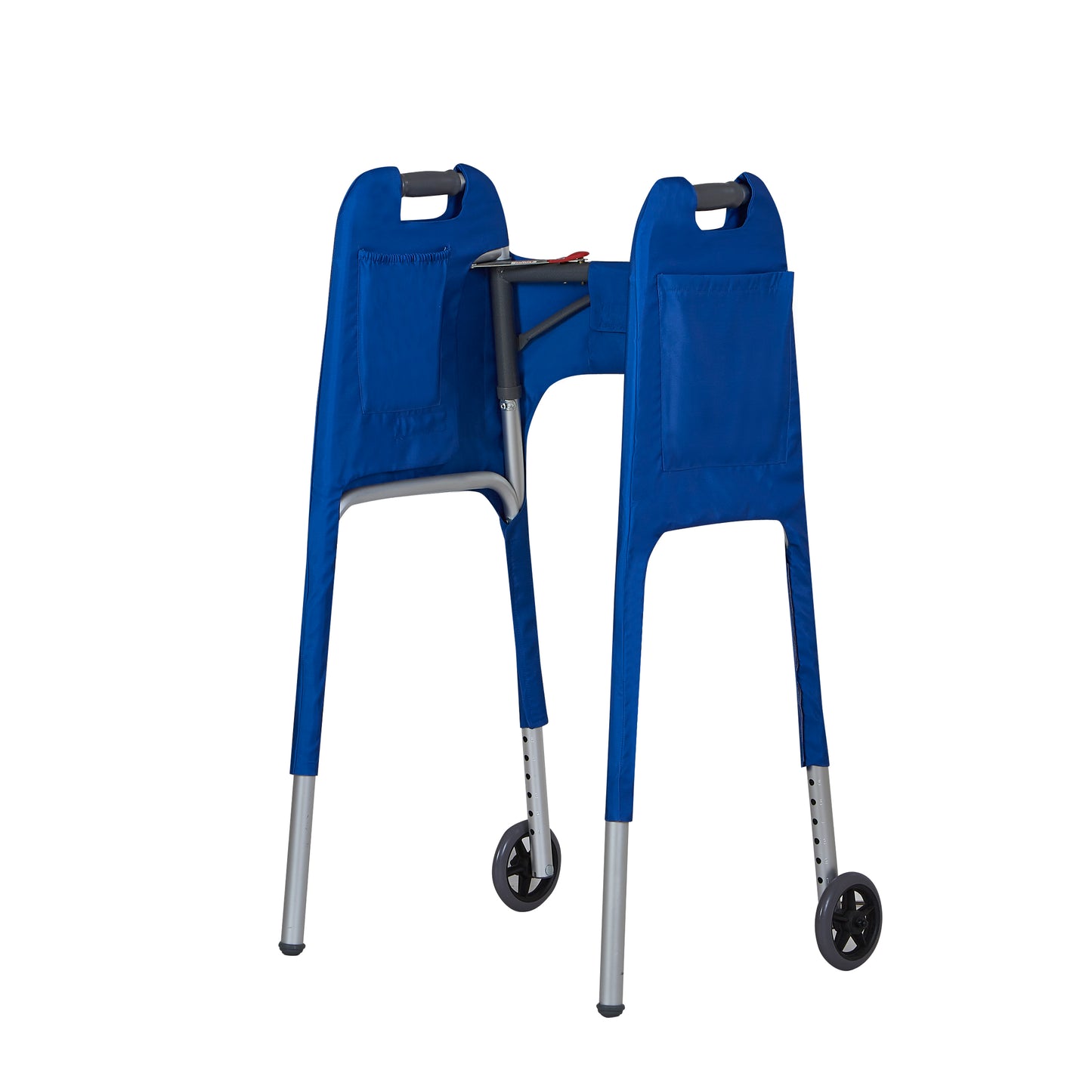 Deep Marine blue walker cover with pockets on a standard folding walker with wheels on a white background - inside 3/4 view.