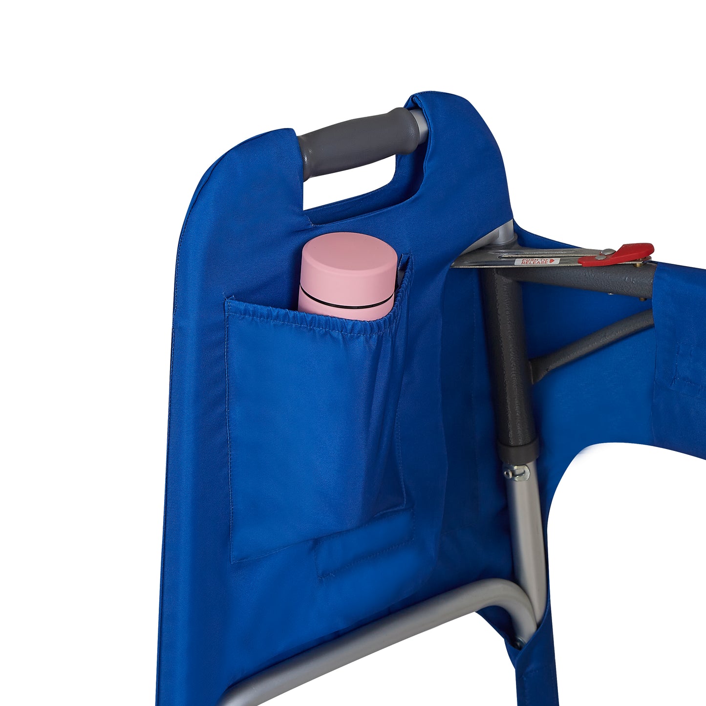 Deep Marine blue walker cover with pockets on a standard folding walker with wheels on a white background - inside pocket detail with water bottle in the pocket.