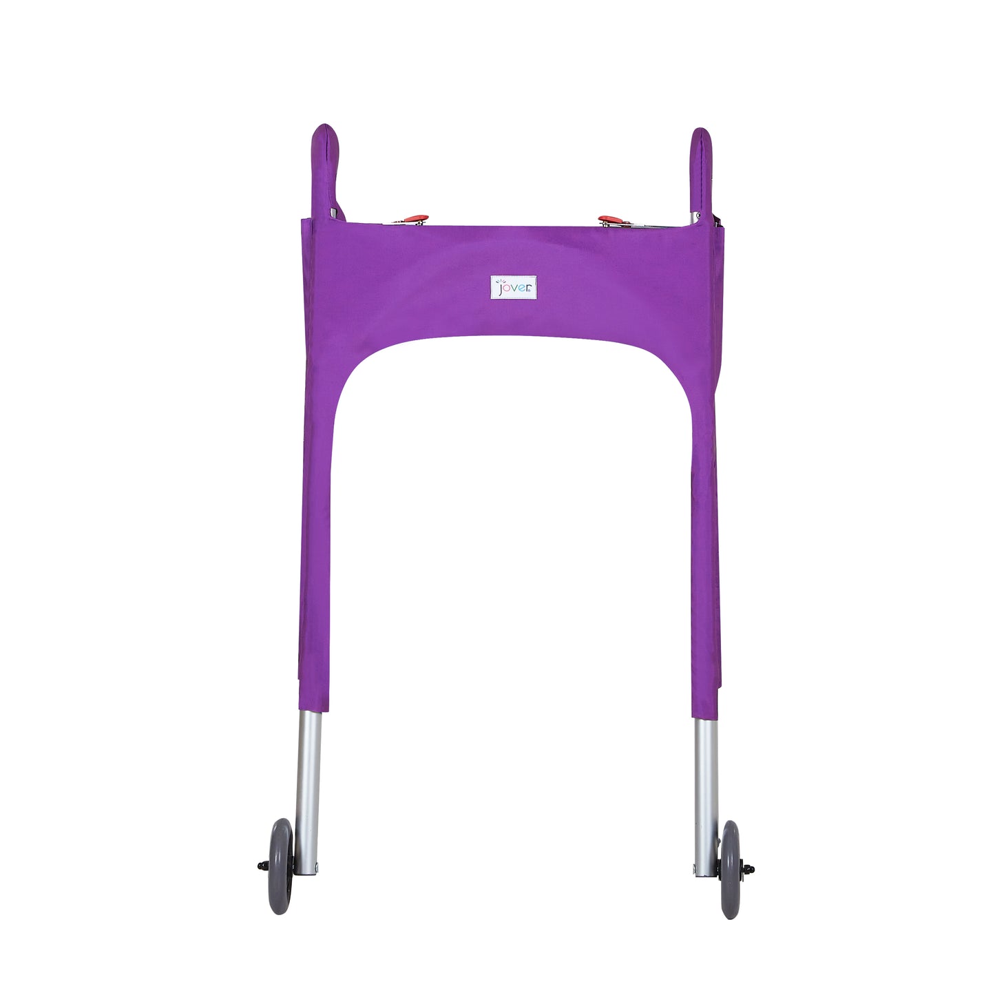 Purple walker cover with pockets on a standard folding walker with wheels on a white background - front view.