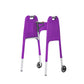 Purple walker cover with pockets on a standard folding walker with wheels on a white background - inside 3/4 view.