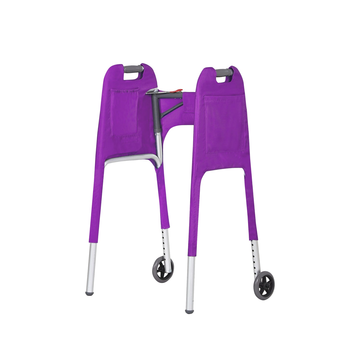 Purple walker cover with pockets on a standard folding walker with wheels on a white background - inside 3/4 view.