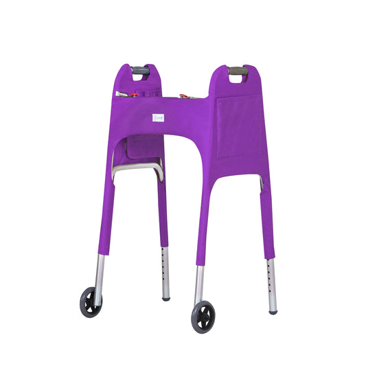Purple walker cover with pockets on a standard folding walker with wheels on a white background - left 3/4 view.