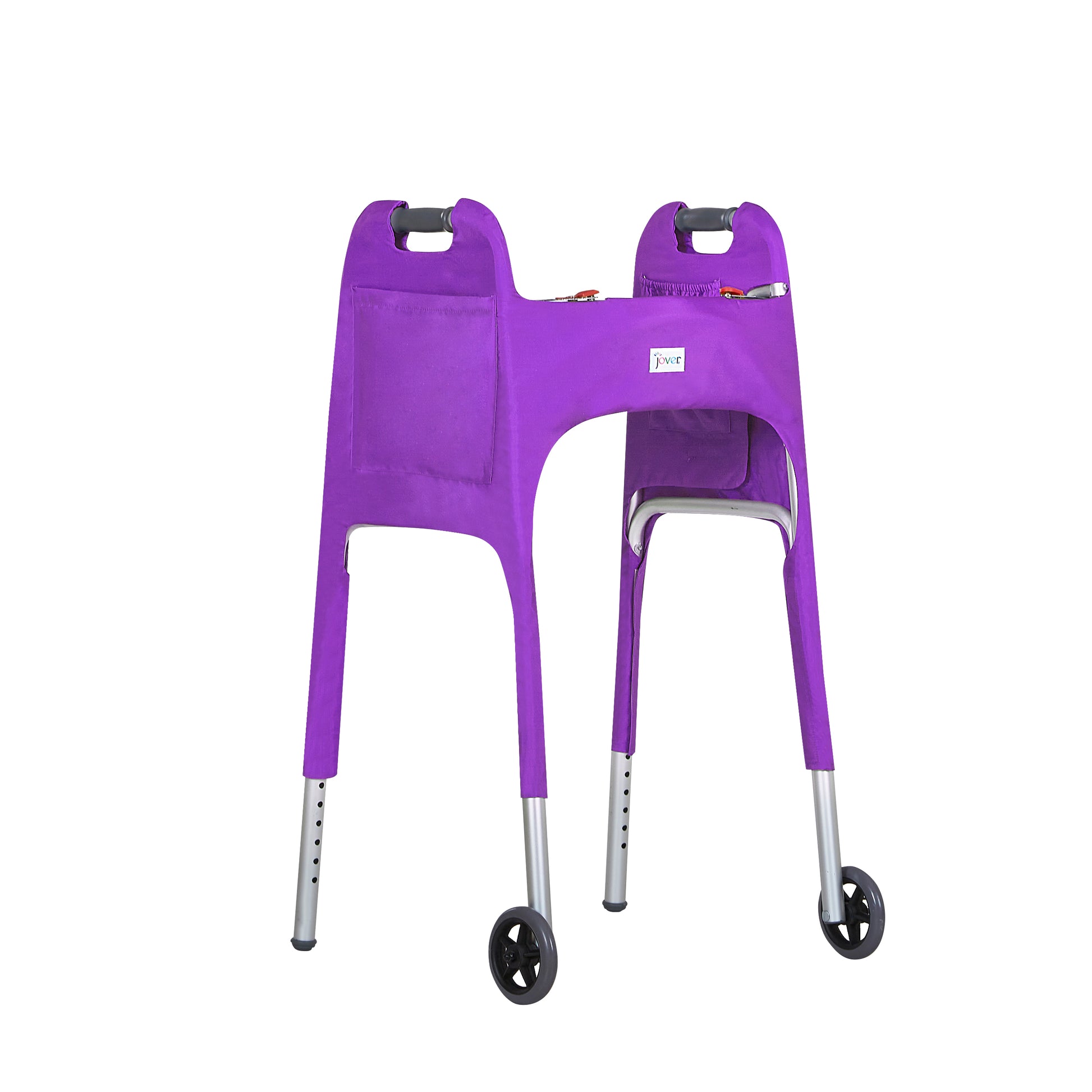 Purple walker cover with pockets on a standard folding walker with wheels on a white background - right 3/4 view.