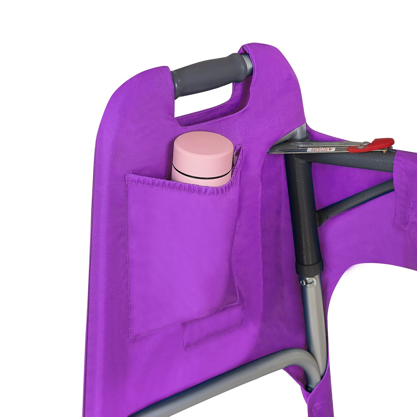 Purple walker cover with pockets on a standard folding walker with wheels on a white background - inside pocket detail with water bottle in the pocket.