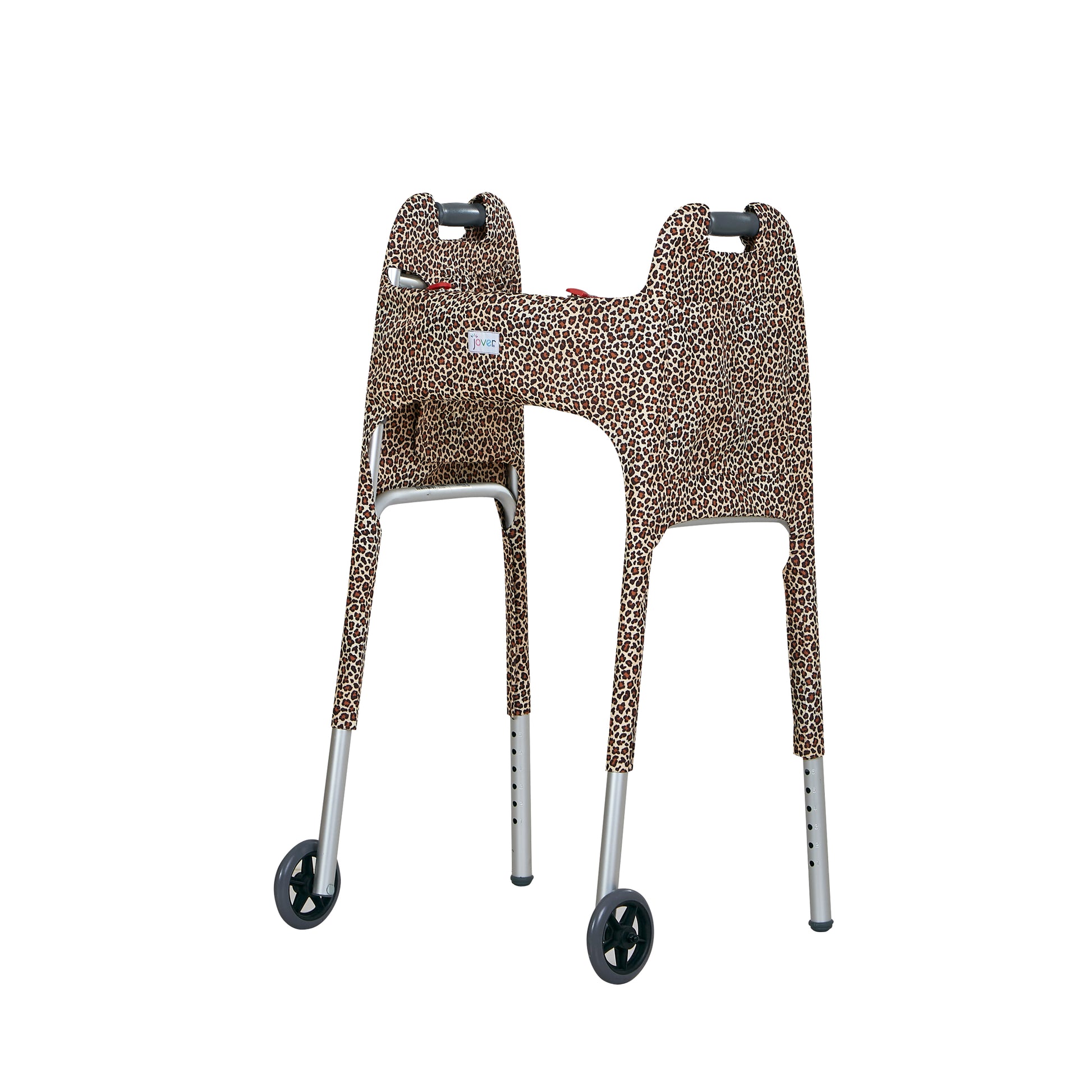 Leopard-print walker cover with pockets on a standard folding walker with wheels on a white background - left 3/4 view.