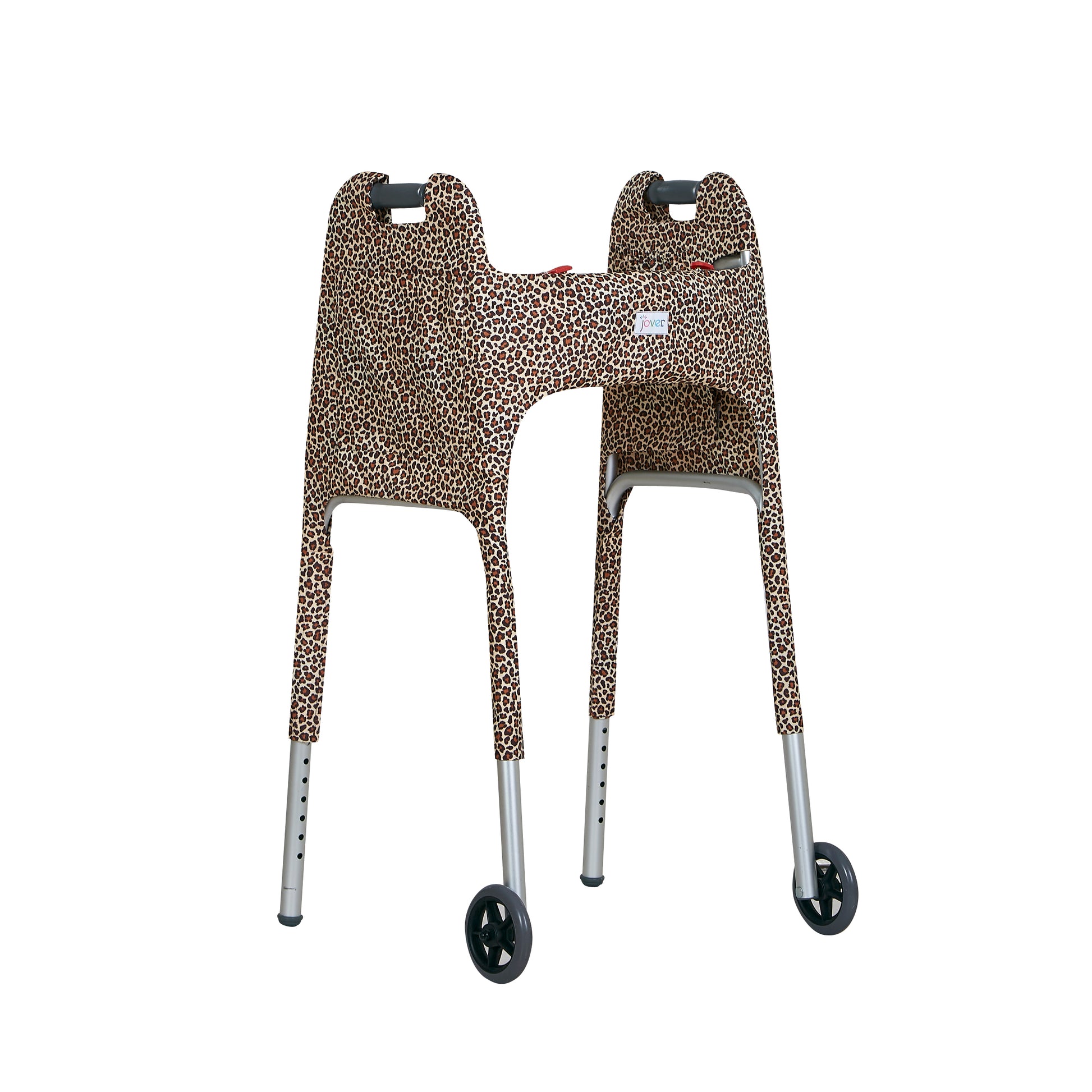 Leopard-print walker cover with pockets on a standard folding walker with wheels on a white background - right 3/4 view.