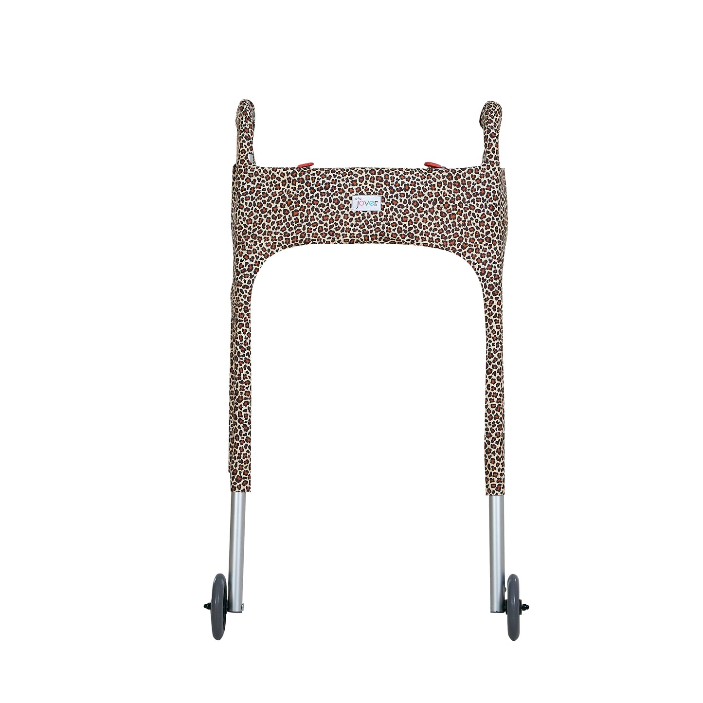 Leopard-print walker cover with pockets on a standard folding walker with wheels on a white background - front view.