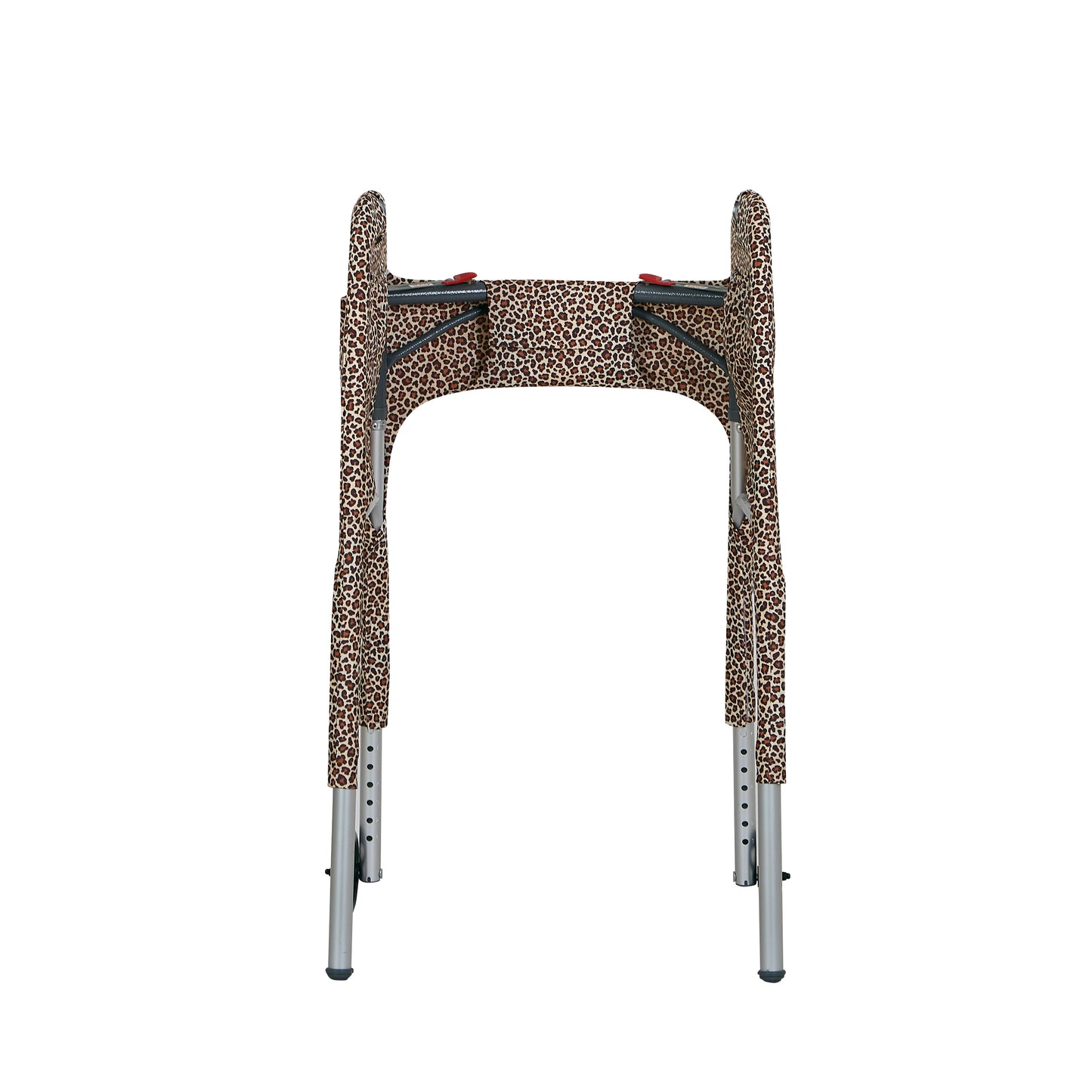 Leopard-print walker cover with pockets on a standard folding walker with wheels on a white background - inside view.