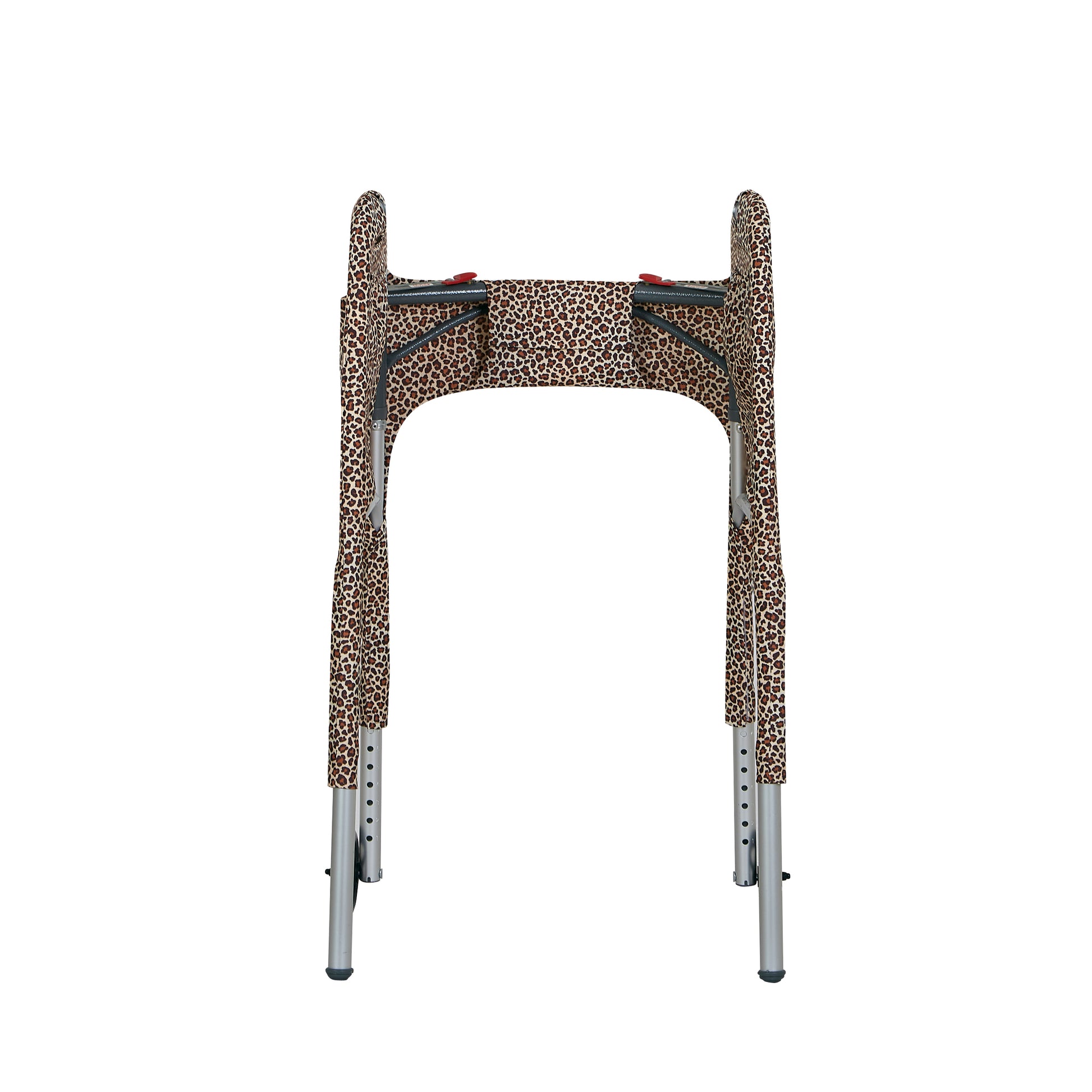 Leopard-print walker cover with pockets on a standard folding walker with wheels on a white background - inside view.