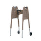 Leopard-print walker cover with pockets on a standard folding walker with wheels on a white background - inside 3/4 view.