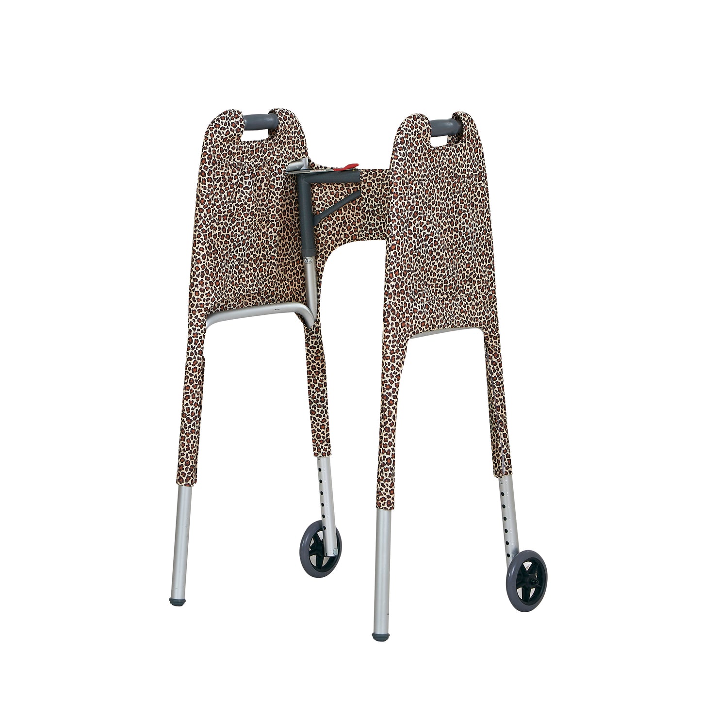 Leopard-print walker cover with pockets on a standard folding walker with wheels on a white background - inside 3/4 view.