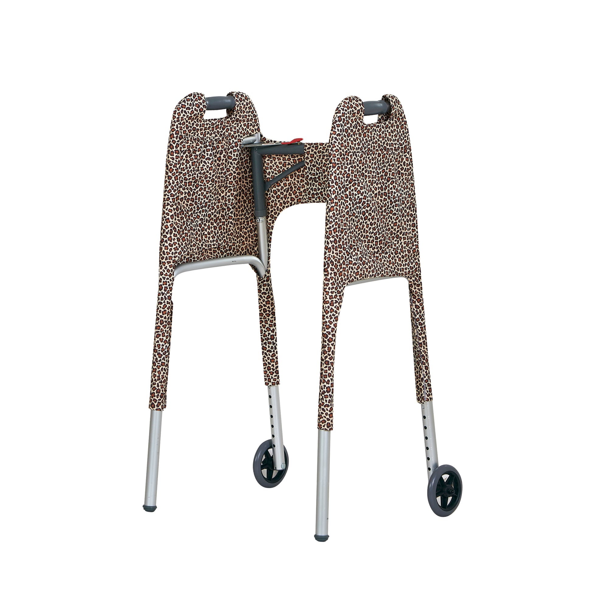 Leopard-print walker cover with pockets on a standard folding walker with wheels on a white background - inside 3/4 view.