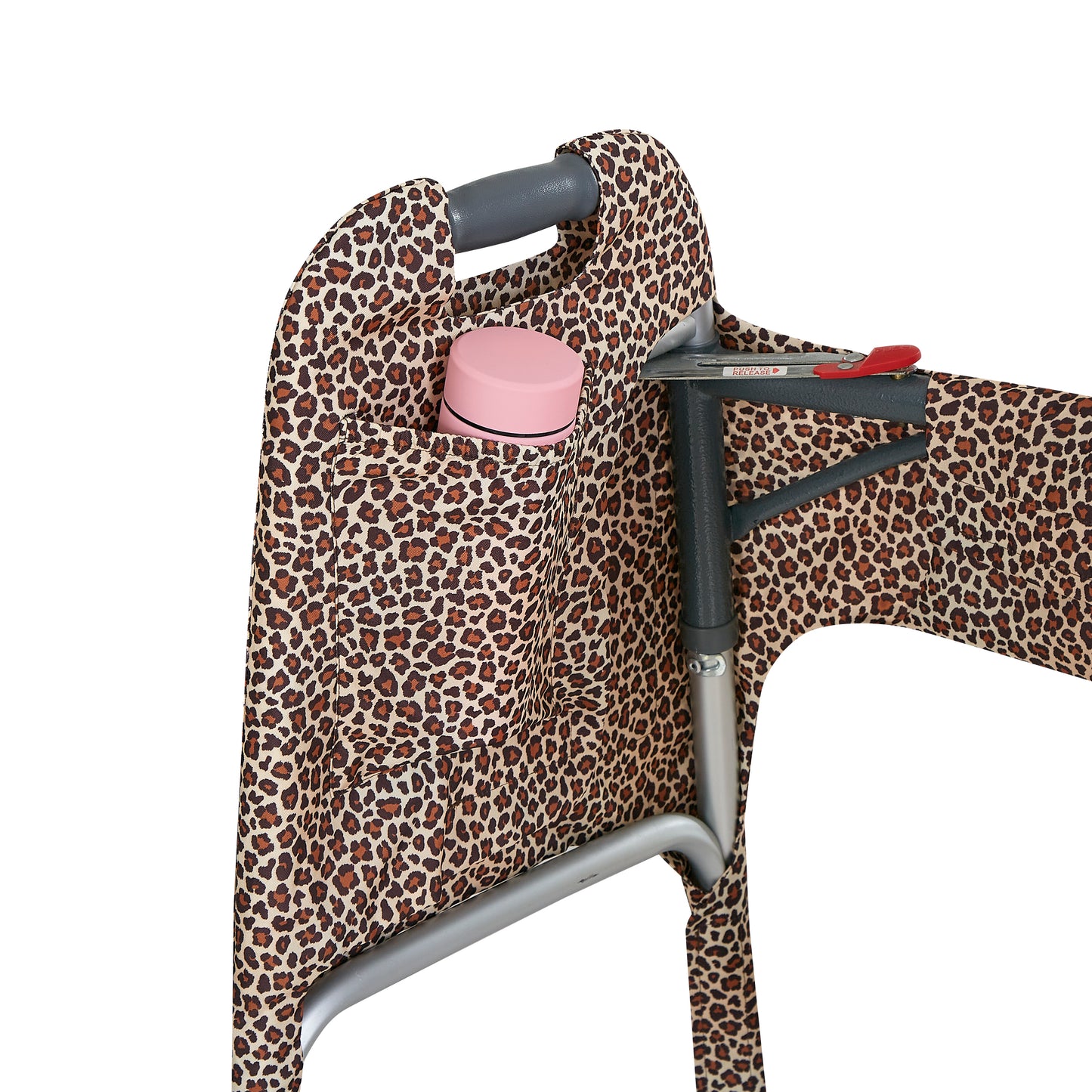 Leopard-print walker cover with pockets on a standard folding walker with wheels on a white background - inside pocket detail with pocket holding a water bottle.