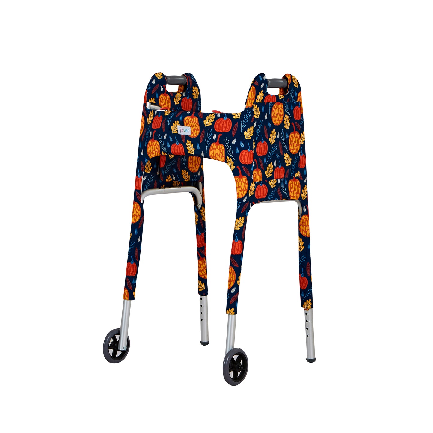 Front left view of the Jover Walker Cover in Fall Festival, a navy blue background with yellow and orange pumpkins and fall leaves. Walker accessory has pockets and adds style to the standard folding walker.