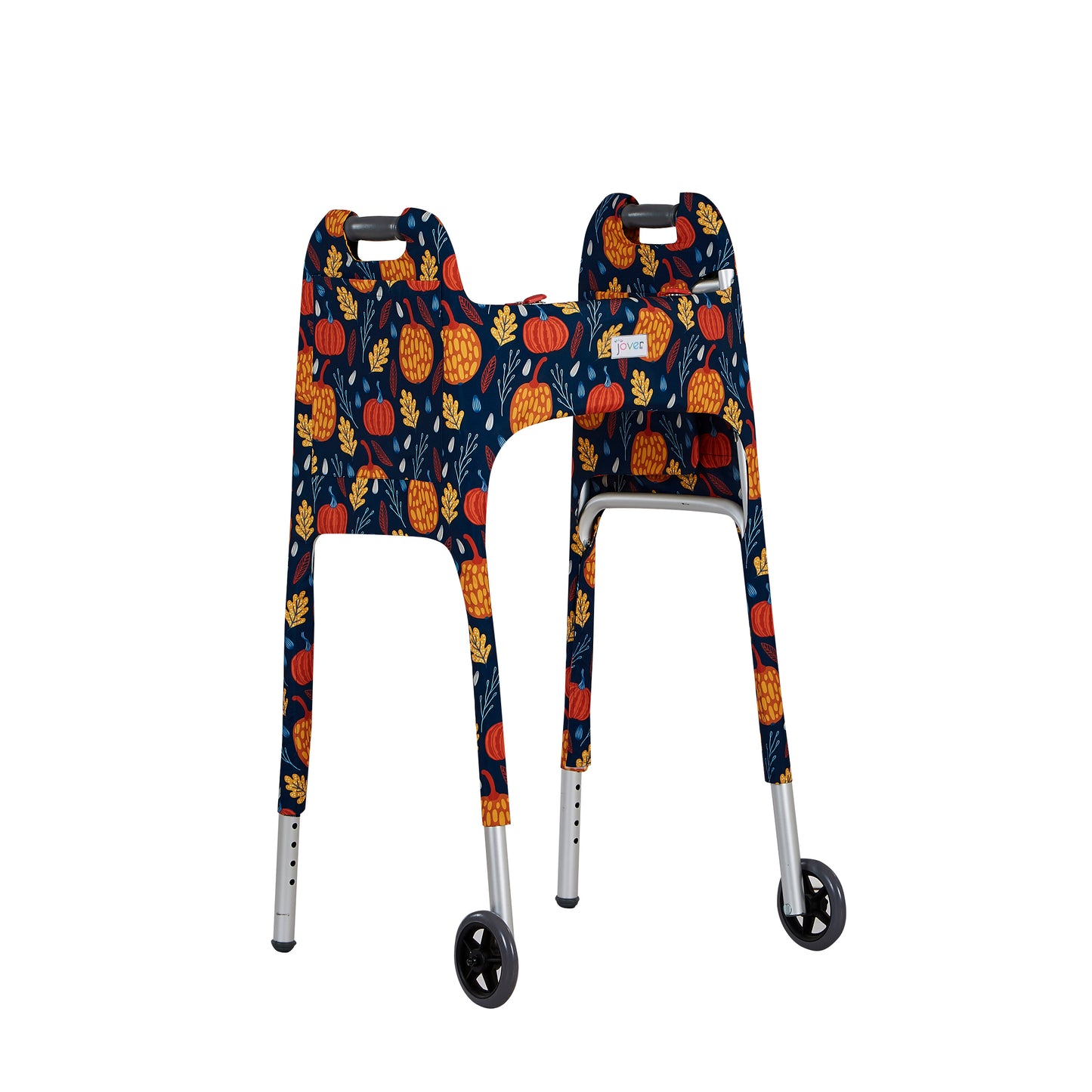 Front right view of the Jover Walker Cover in Fall Festival, a navy blue background with yellow and orange pumpkins and fall leaves. Walker accessory has pockets and adds style to the standard folding walker.