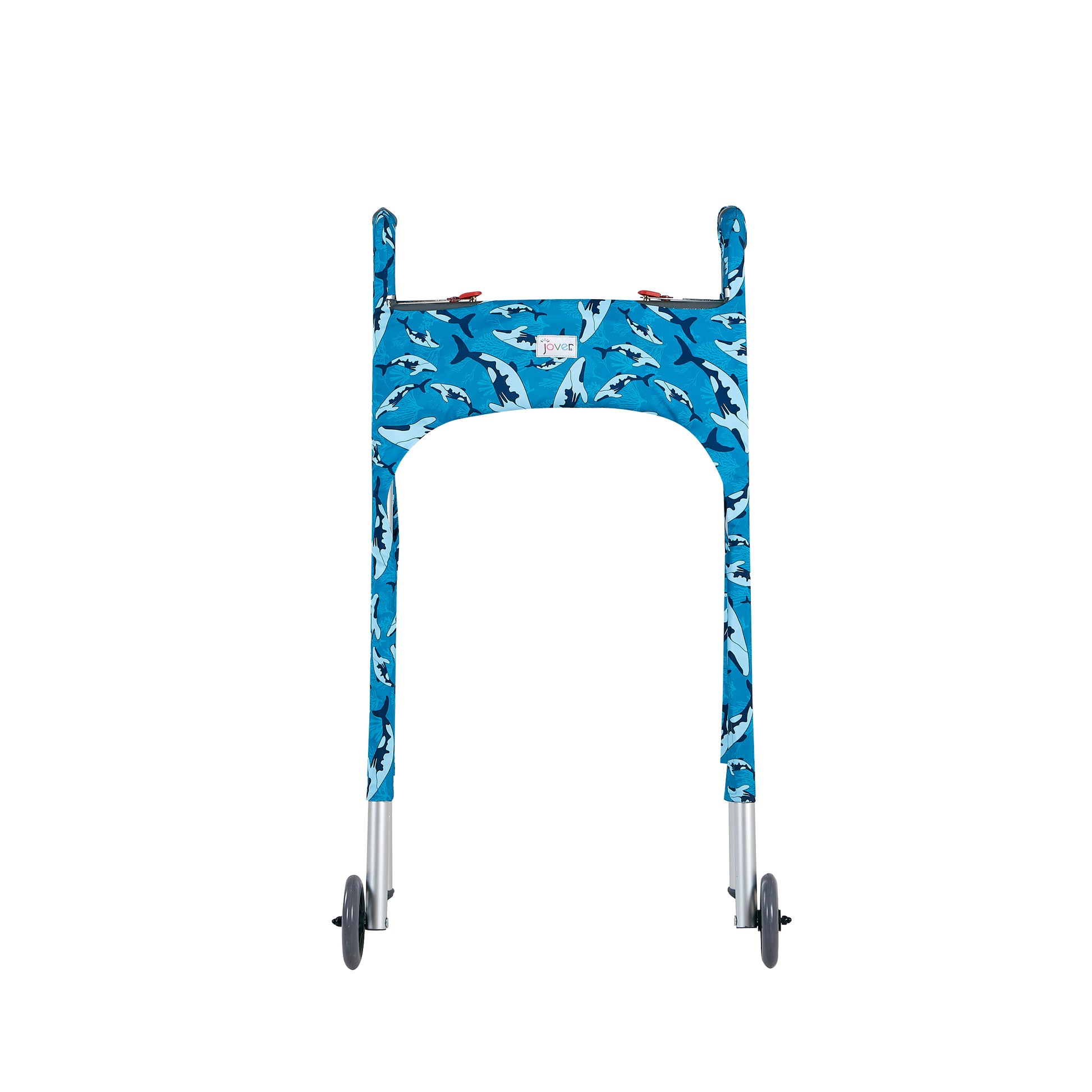 Product photo of the Jover Walker Cover in a swimming whale pattern in shades of blue. Front view highlights the tailored nature of the walker cover and the Jover logo.