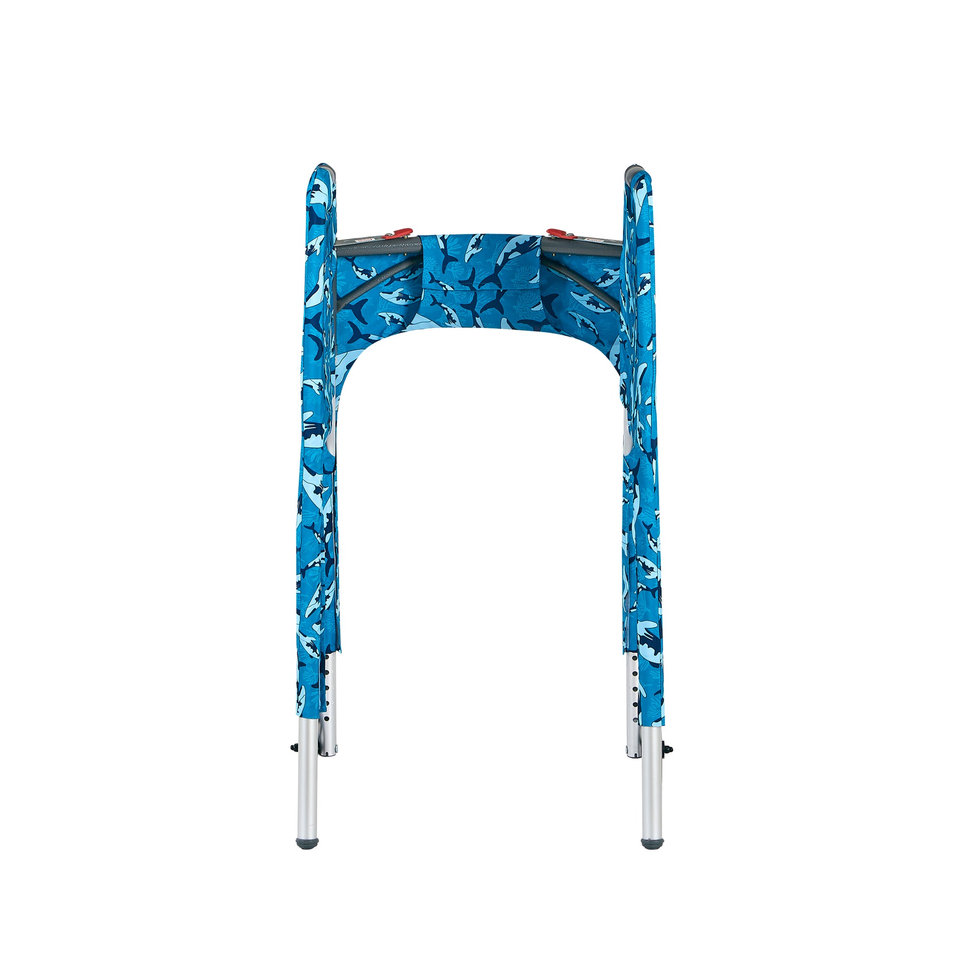 Product photo of the Jover Walker Cover in a swimming whale pattern in shades of blue. View highlights the adjustable straps with hook-and-loop "Velcro" closures, allowing the cover to be securely and simply attached to the front wheeled walker.