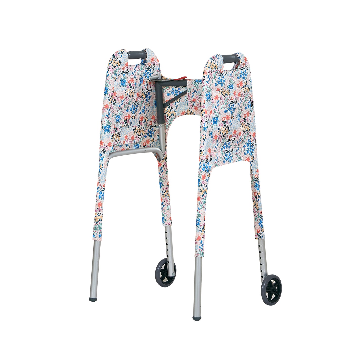 Multi-colored pastel wildflower-print walker cover with pockets on a standard folding walker with wheels on a white background - inside 3/4 view.