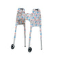 Multi-colored pastel wildflower-print walker cover with pockets on a standard folding walker with wheels on a white background - left 3/4 view.