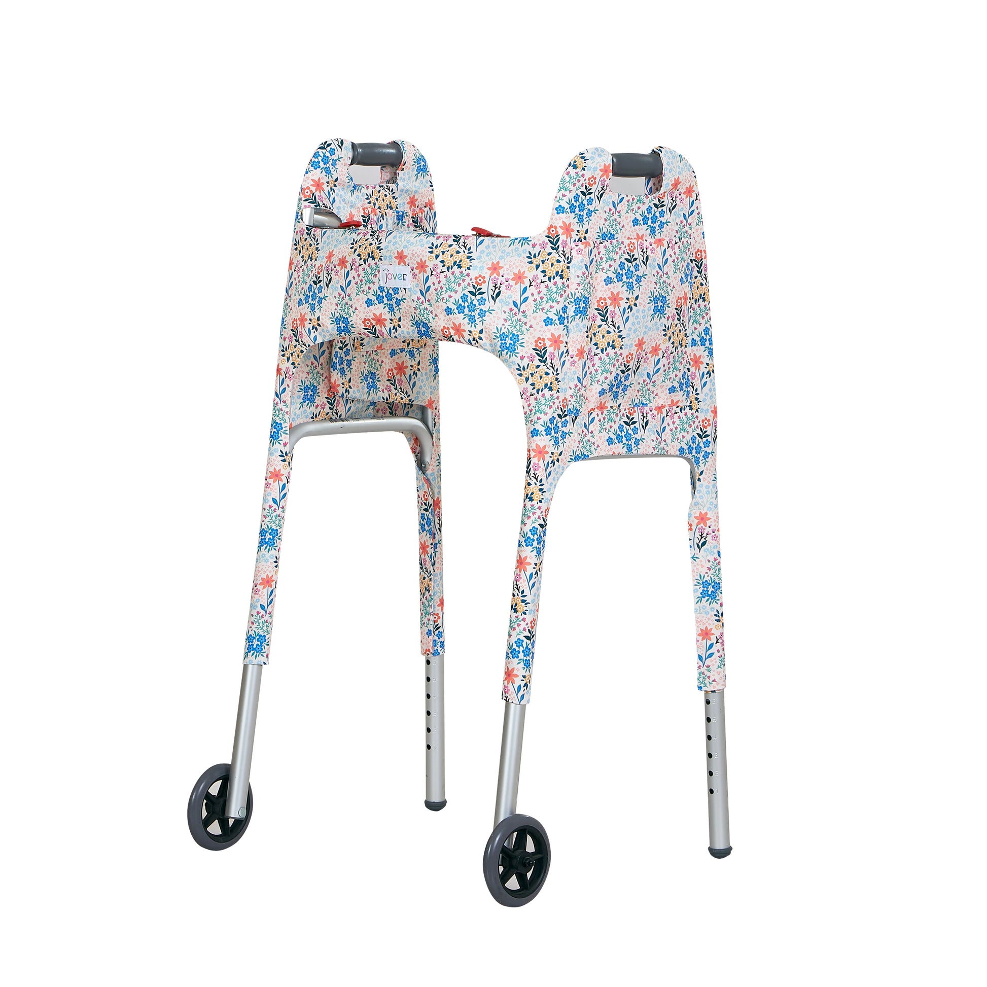 Multi-colored pastel wildflower-print walker cover with pockets on a standard folding walker with wheels on a white background - left 3/4 view.