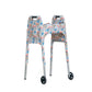Multi-colored pastel wildflower-print walker cover with pockets on a standard folding walker with wheels on a white background - right 3/4 view.