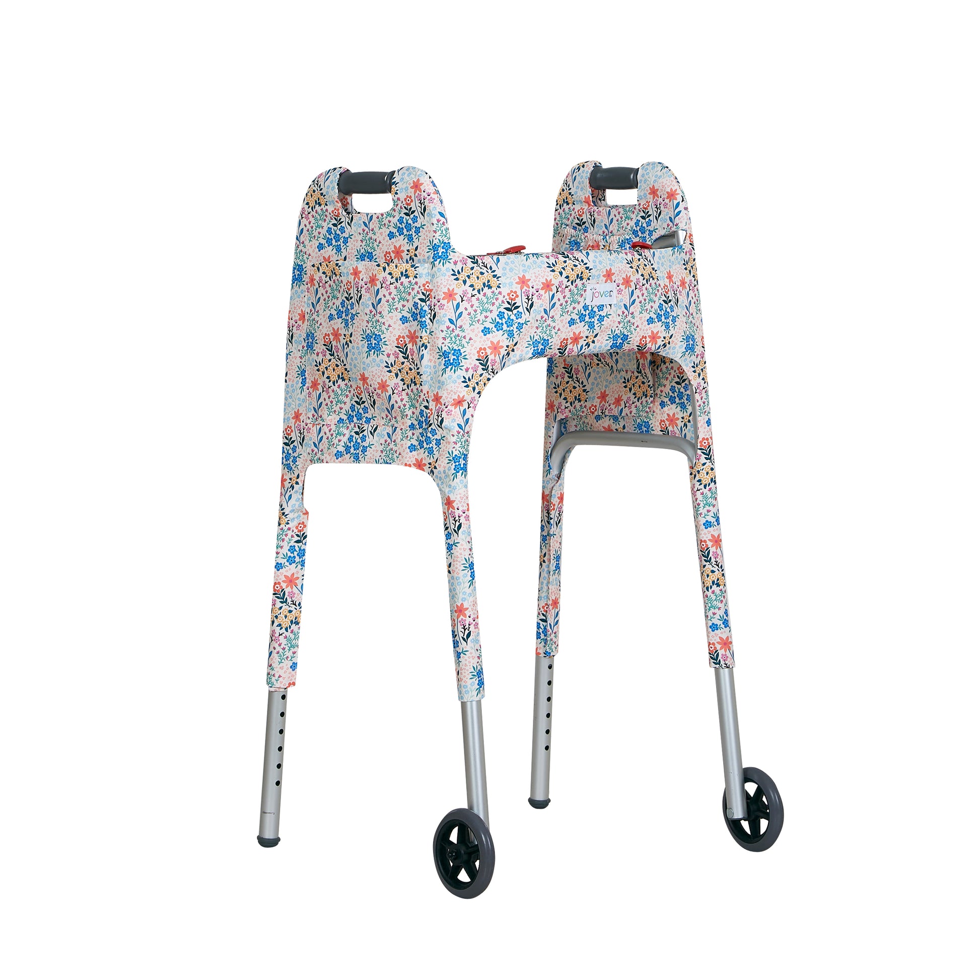 Multi-colored pastel wildflower-print walker cover with pockets on a standard folding walker with wheels on a white background - right 3/4 view.