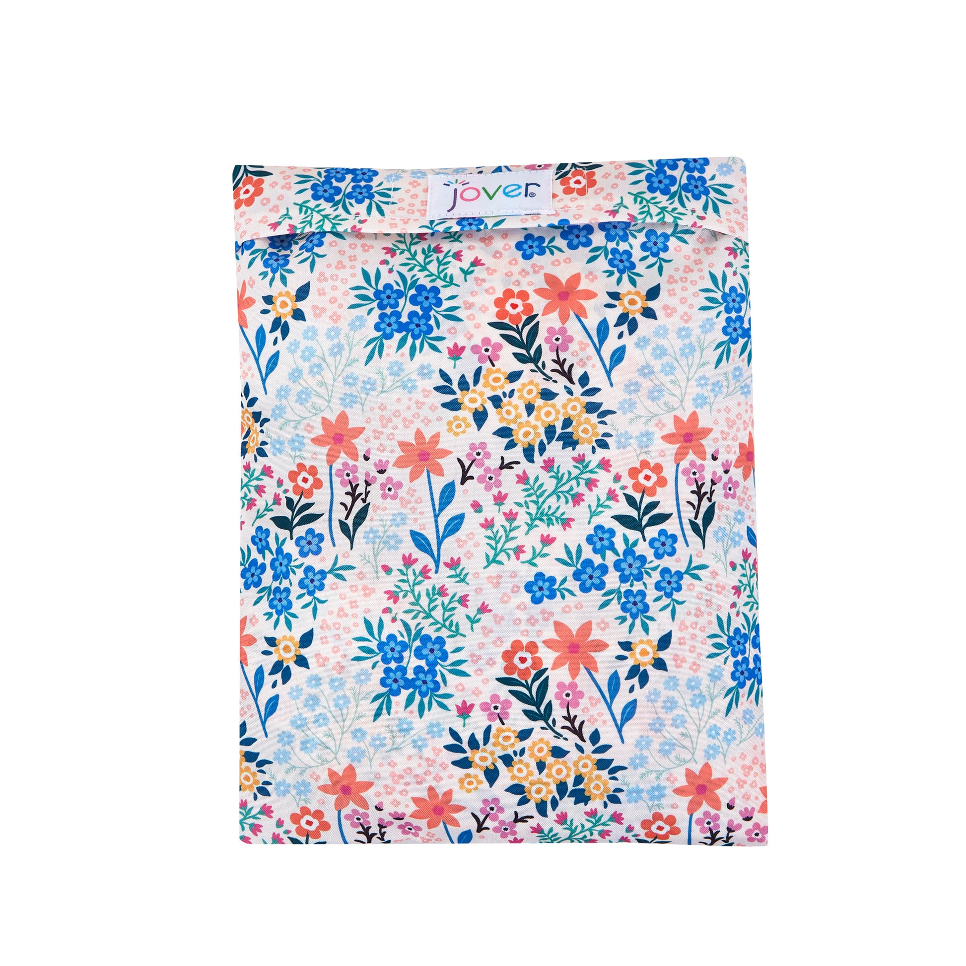 Matching carry/storage bag for multi-colored pastel wildflower-print walker cover with pockets on a white background.