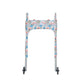 Multi-colored pastel wildflower-print walker cover with pockets on a standard folding walker with wheels on a white background - front view.