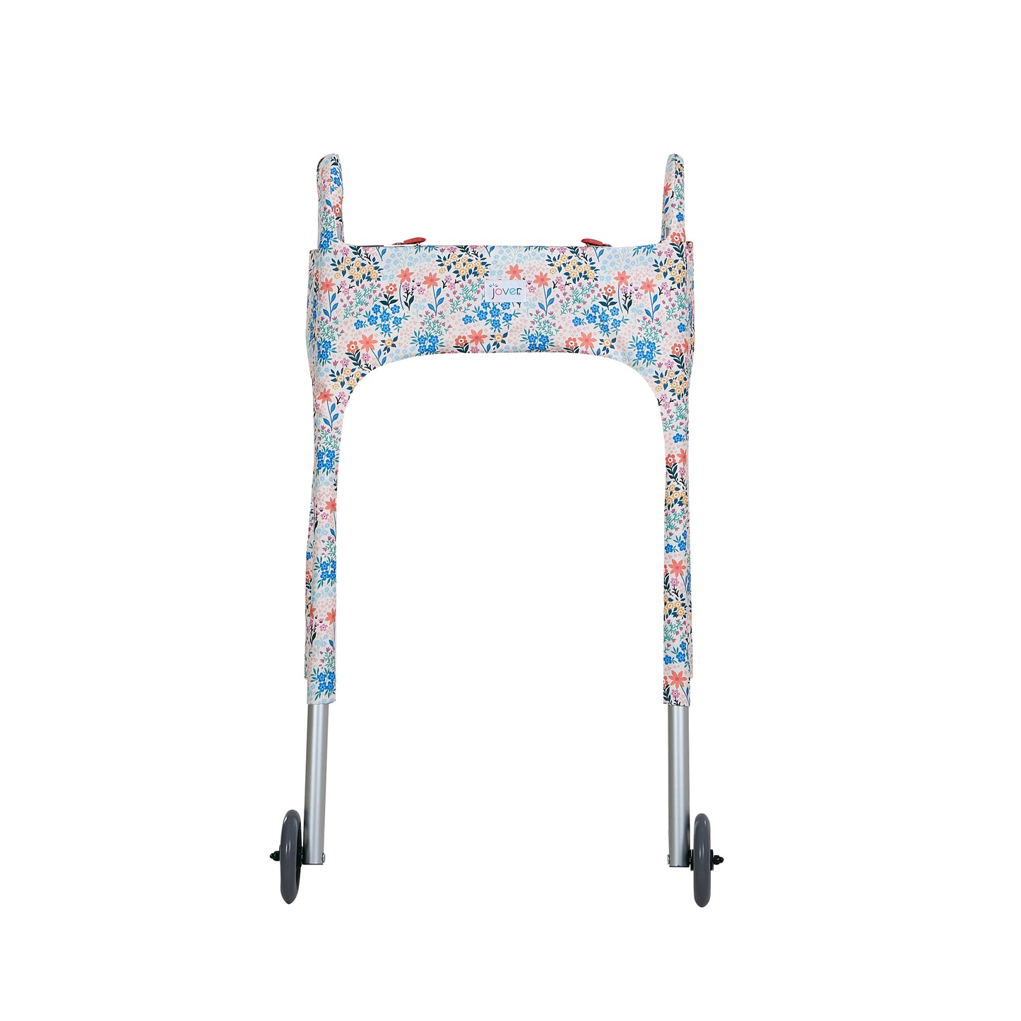 Multi-colored pastel wildflower-print walker cover with pockets on a standard folding walker with wheels on a white background - front view.