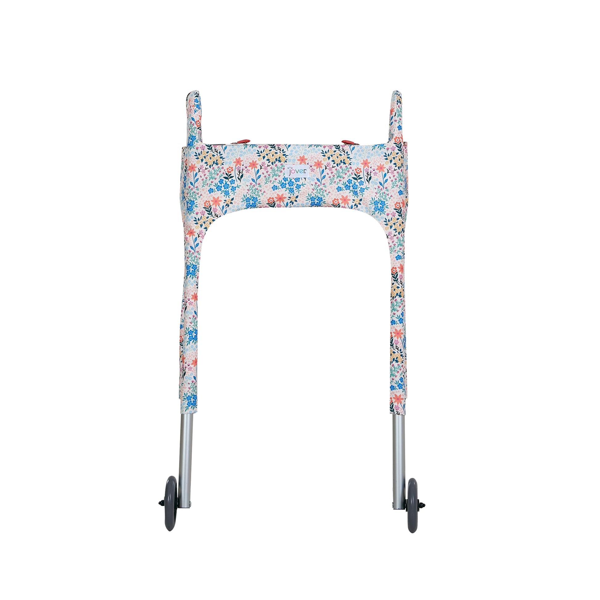 Multi-colored pastel wildflower-print walker cover with pockets on a standard folding walker with wheels on a white background - front view.