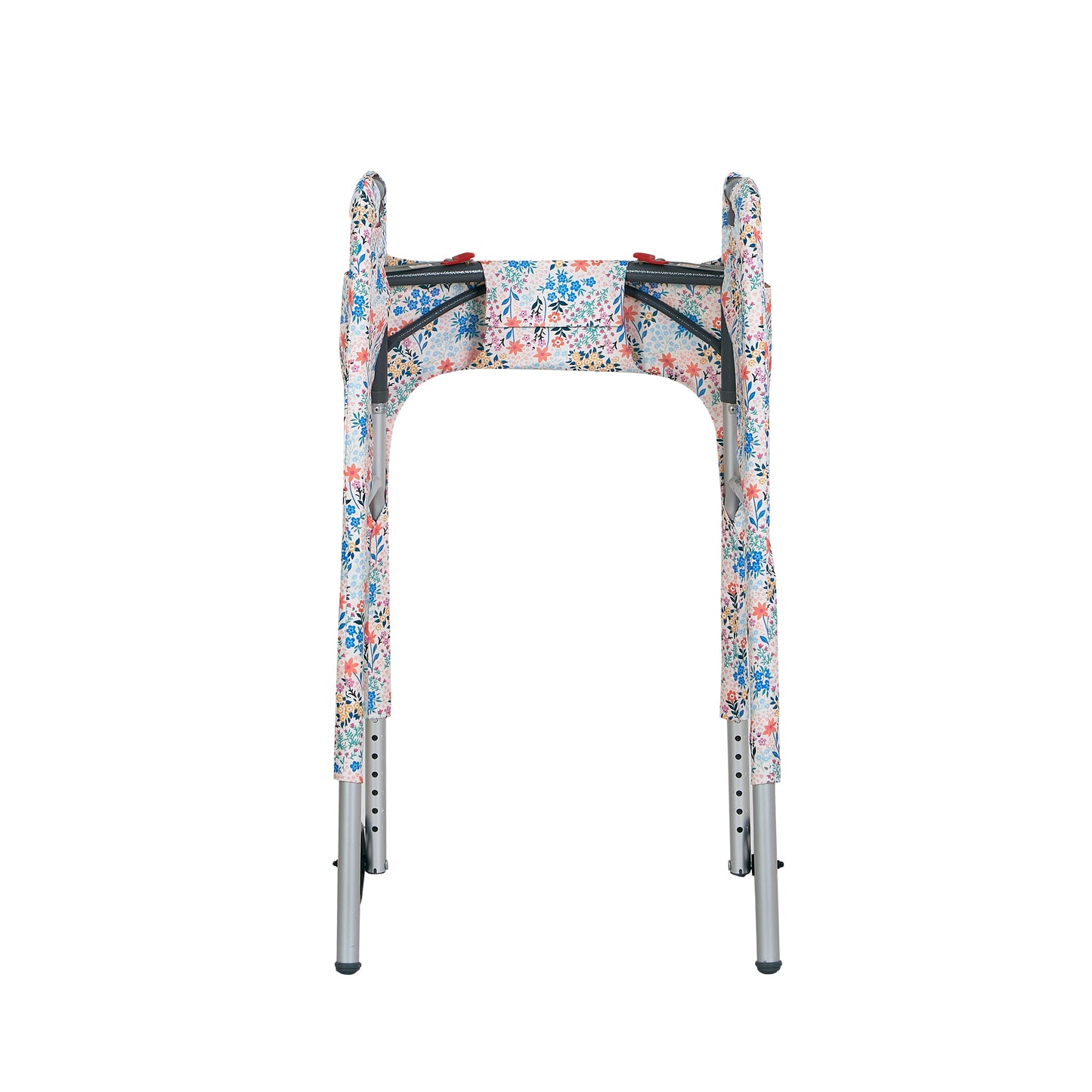Multi-colored pastel wildflower-print walker cover with pockets on a standard folding walker with wheels on a white background - inside view.