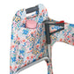 Multi-colored pastel wildflower-print walker cover with pockets on a standard folding walker with wheels on a white background - inside pocket detail with water bottle in the pocket.