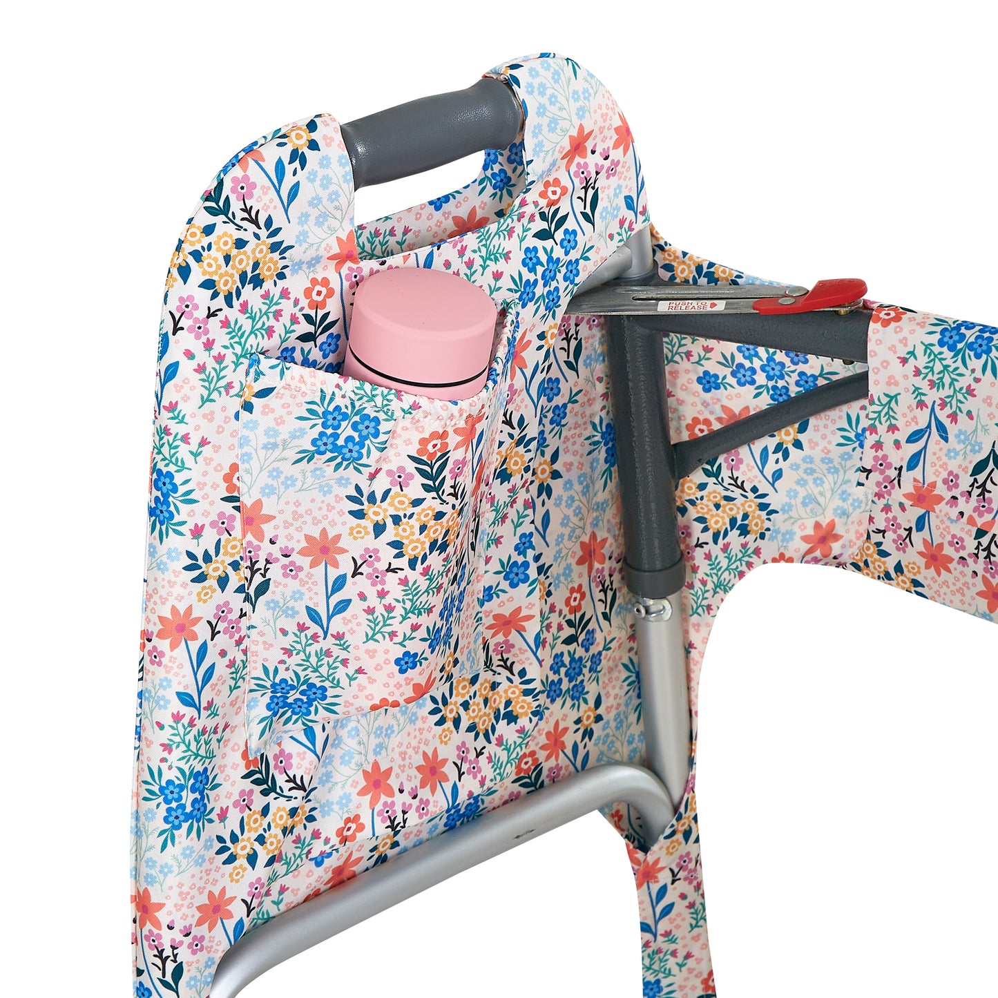 Multi-colored pastel wildflower-print walker cover with pockets on a standard folding walker with wheels on a white background - inside pocket detail with water bottle in the pocket.