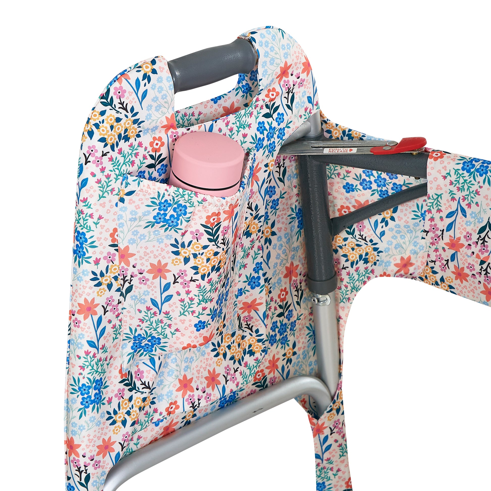 Multi-colored pastel wildflower-print walker cover with pockets on a standard folding walker with wheels on a white background - inside pocket detail with water bottle in the pocket.
